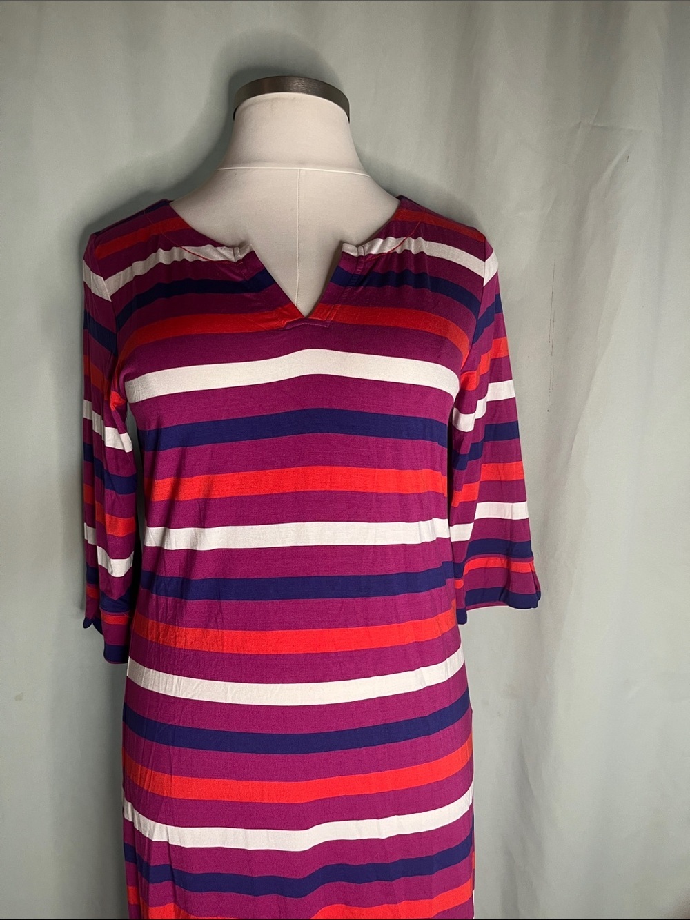 Hatley Striped V-Neck casual Dress in Magenta, Red & White
